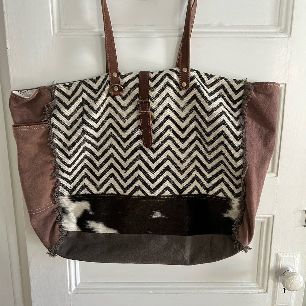 Myra Bag Black and Brown Chevron Tote